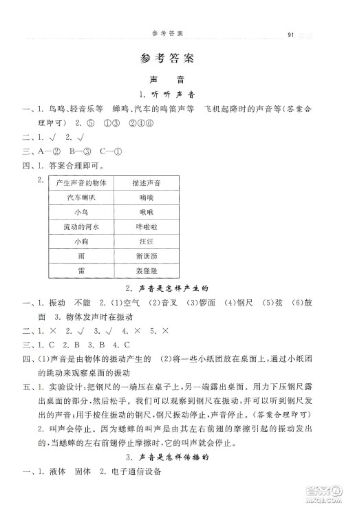 河北美术出版社2020秋课时练同步测评四年级科学上册教科版答案