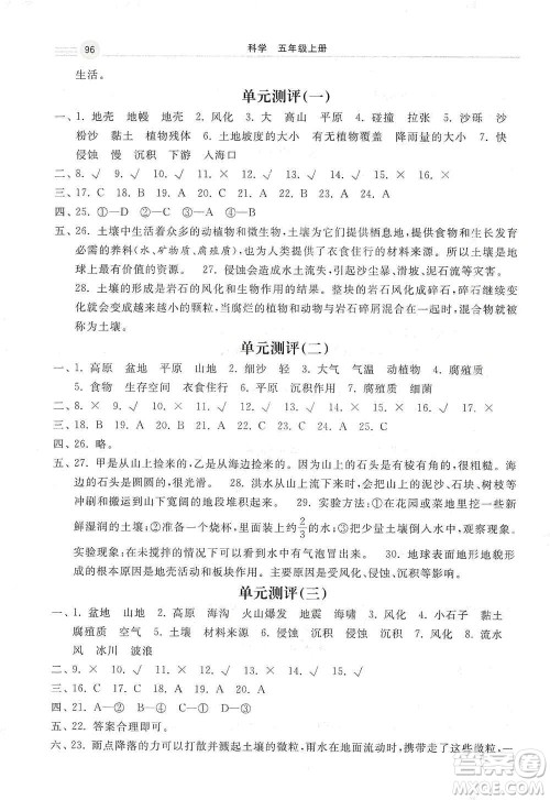 河北美术出版社2020秋课时练同步测评五年级科学上册教科版答案