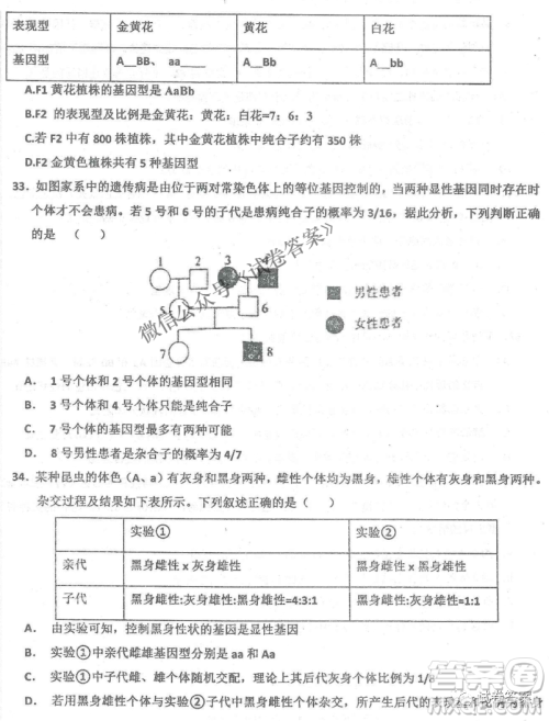 2020年衡水中学高三年级期中考试生物试卷及答案