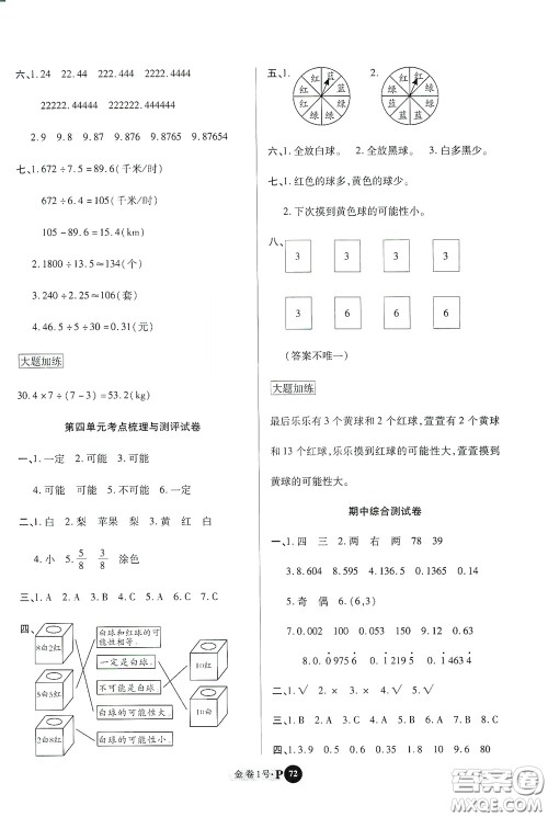 2020秋培优金卷1号全能卷五年级数学上册答案