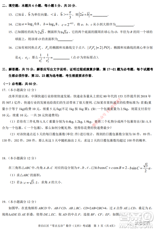 青白江区高2018级零点五诊检测文科数学试题及答案