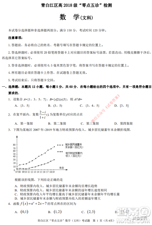 青白江区高2018级零点五诊检测文科数学试题及答案