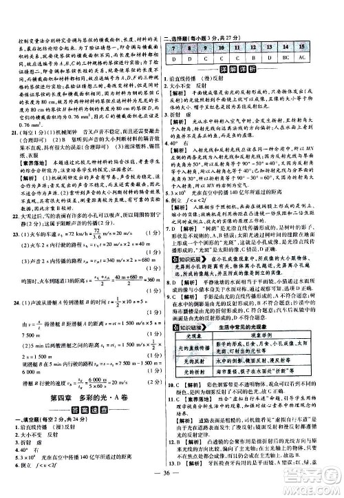 2021版金考卷活页题选名师名题单元双测卷物理八年级上册HK沪科版答案