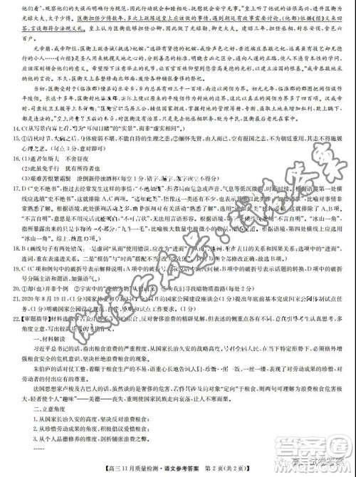 九师联盟2020-2021学年高三11月质量检测语文试题及答案 九师联盟2020-2021学年高三11月质量检测语文试题及答案