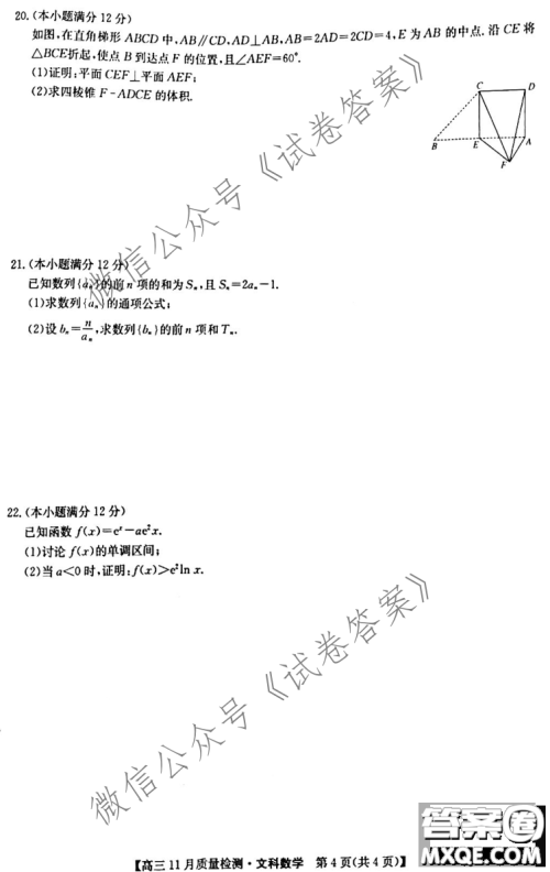 九师联盟2020-2021学年高三11月质量检测文科数学试题及答案