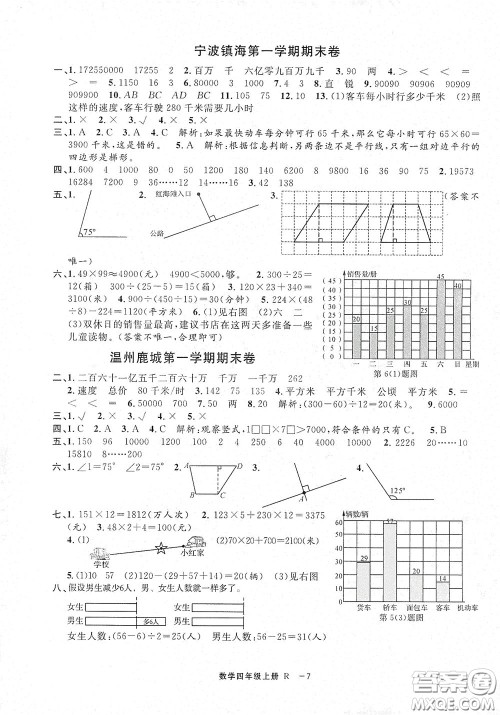 宁波出版社2020浙江各地期末迎考卷四年级数学上册人教版答案