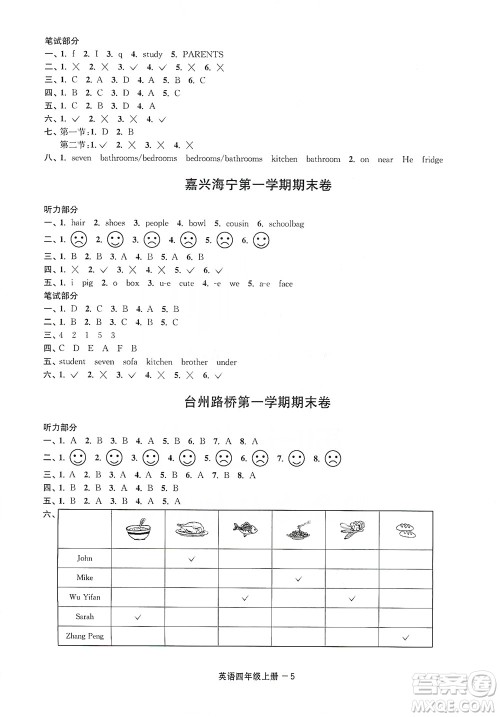 宁波出版社2020浙江各地期末迎考卷四年级英语上册人教版答案