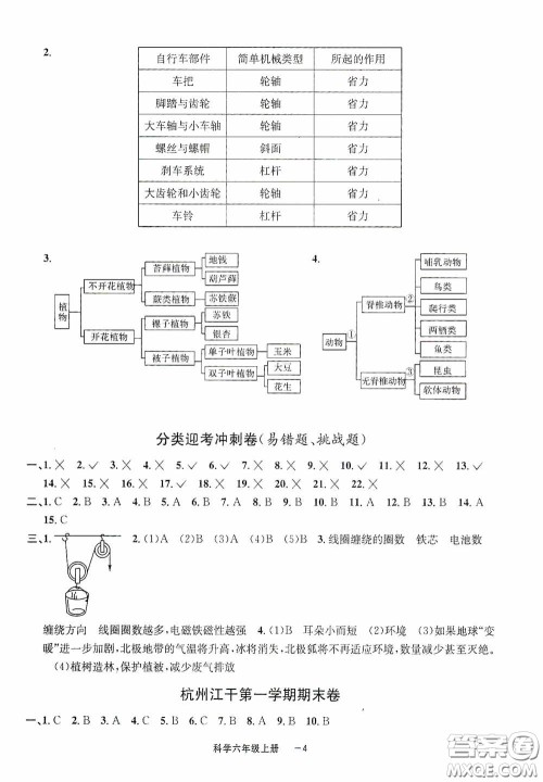 宁波出版社2020浙江各地期末迎考卷六年级科学上册冀教版答案