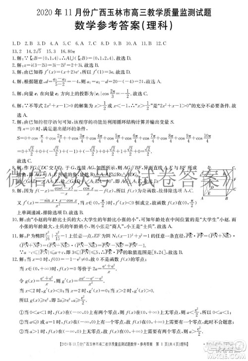 2020年11月份广西玉林市高三教学质量监测试题理科数学答案