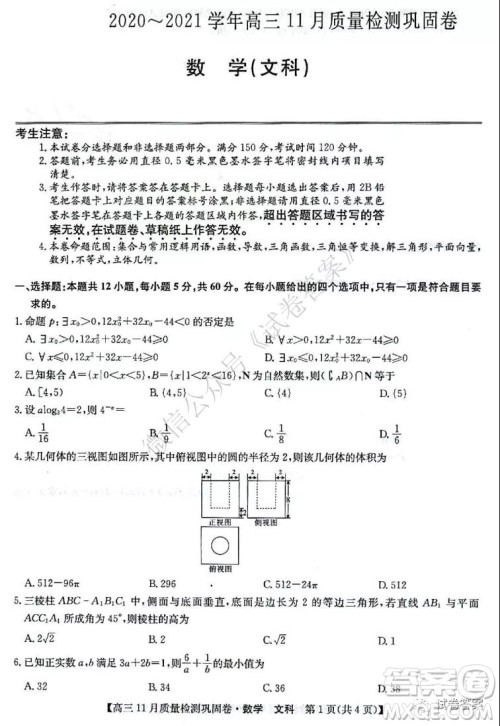 九师联盟2020-2021学年高三11月质量检测巩固卷文科数学试题及答案