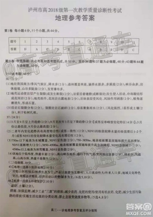 泸州市高2018第一次教学质量诊断性考试文科综合试题及答案