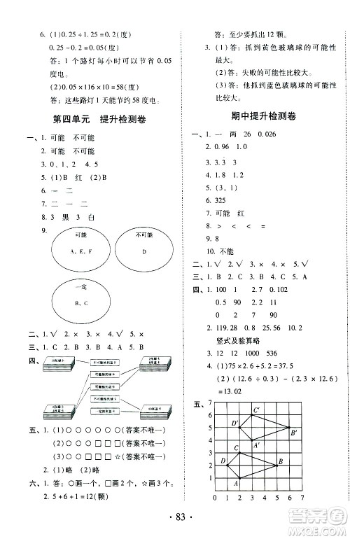 内蒙古少年儿童出版社2020本土第1卷数学五年级上册人教版答案