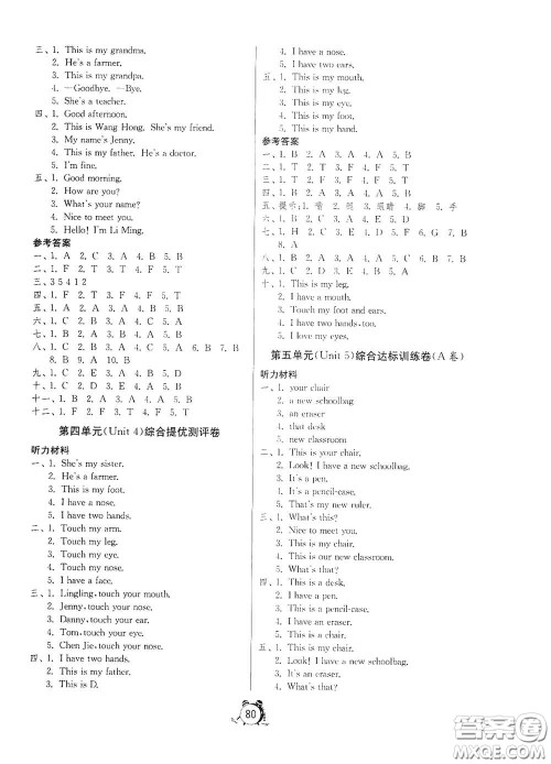 山东人民出版社2020年秋小学单元测试卷五四学制三年级英语上册鲁科版答案