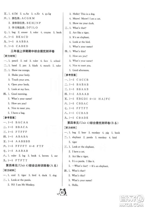 山东人民出版社2020年秋小学单元测试卷三年级英语上册人教PEP版答案