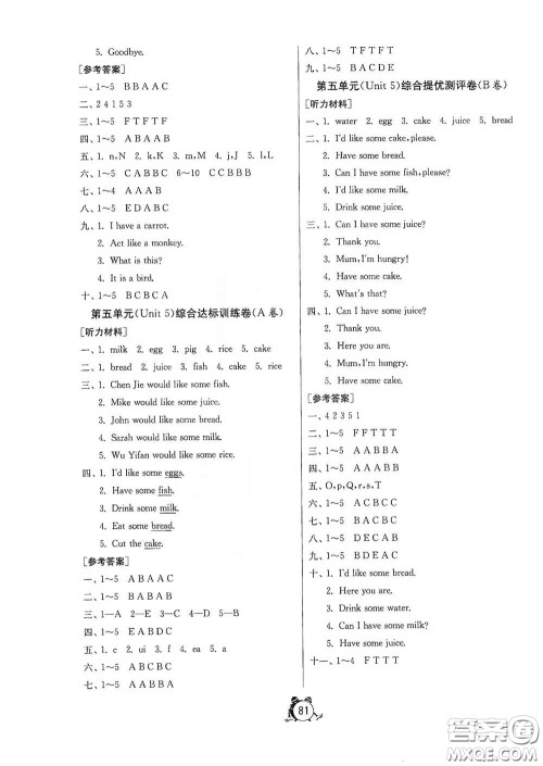 山东人民出版社2020年秋小学单元测试卷三年级英语上册人教PEP版答案