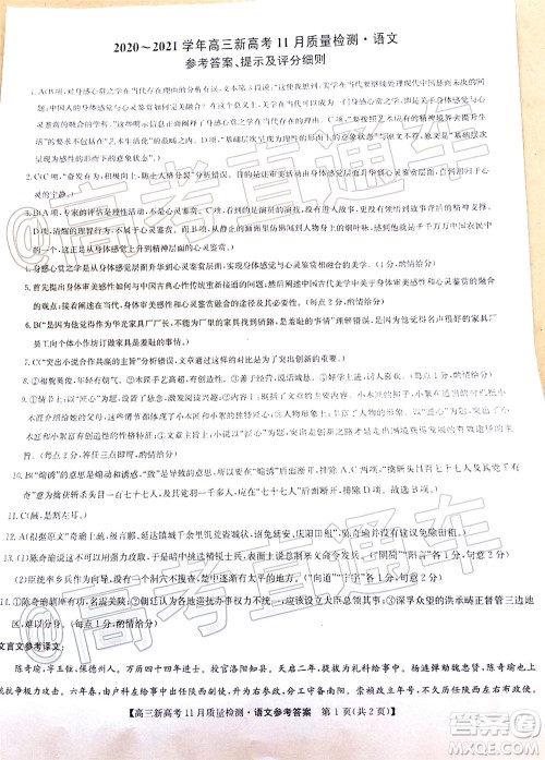 九师联盟2020-2021学年高三11月质量检测新高考语文试题及答案