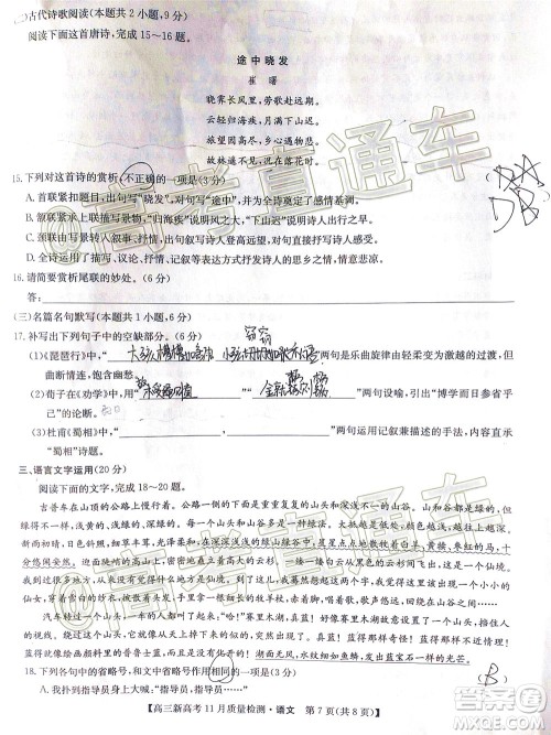 九师联盟2020-2021学年高三11月质量检测新高考语文试题及答案