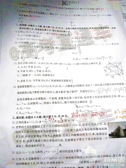 九师联盟2020-2021学年高三11月质量检测新高考数学试题及答案