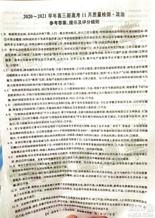九师联盟2020-2021学年高三11月质量检测新高考政治试题及答案 九师联盟2020-2021学年高三11月质量检测新高考政治试题及答案