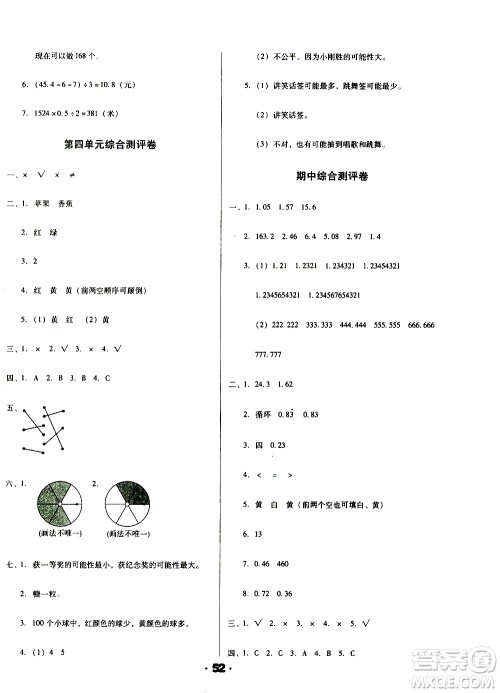 北方妇女儿童出版社2020全程考评一卷通数学五年级上册RJ人教版答案