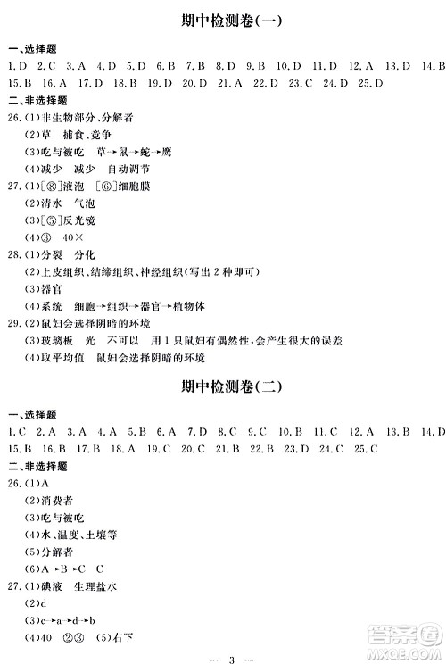 山东科学技术出版社2020单元检测卷生物学七年级上册人教版答案