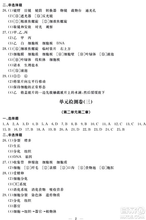 山东科学技术出版社2020单元检测卷生物学七年级上册人教版答案