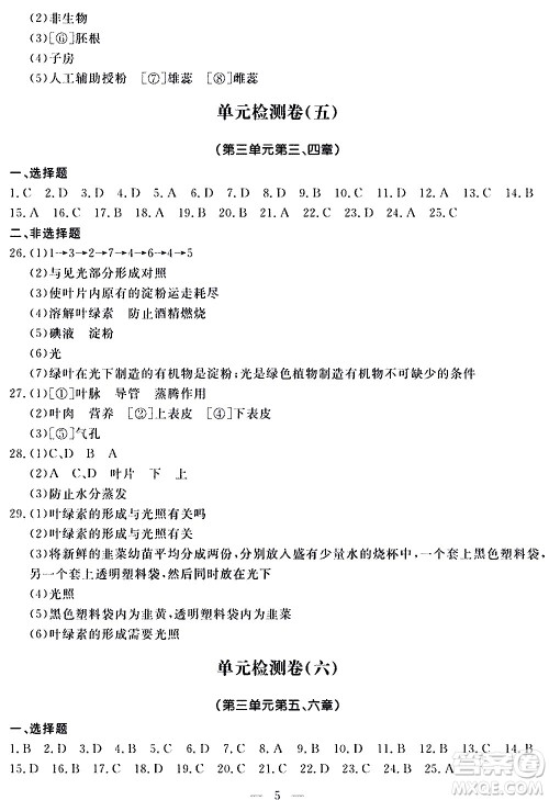 山东科学技术出版社2020单元检测卷生物学七年级上册人教版答案