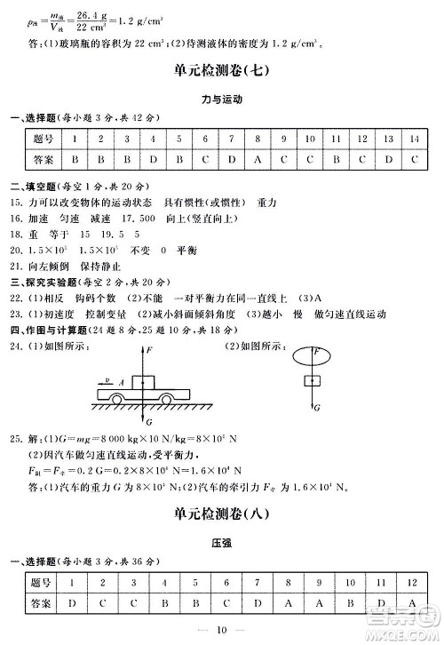 山东科学技术出版社2020单元检测卷物理八年级全一册人教版答案 山东科学技术出版社2020单元检测卷物理八年级全一册人教版答案