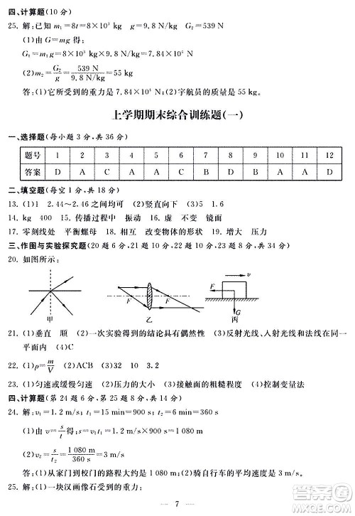 山东科学技术出版社2020单元检测卷物理八年级全一册人教版答案