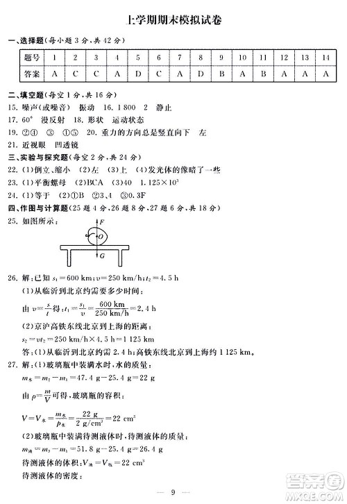 山东科学技术出版社2020单元检测卷物理八年级全一册人教版答案