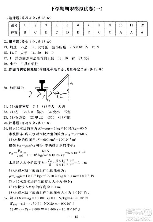 山东科学技术出版社2020单元检测卷物理八年级全一册人教版答案