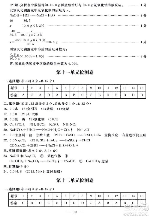 山东科学技术出版社2020单元检测卷化学九年级上下册人教版答案