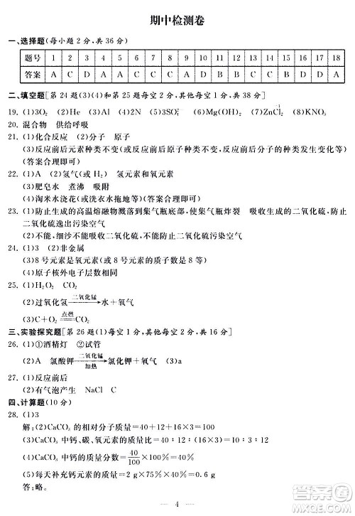 山东科学技术出版社2020单元检测卷化学九年级上下册人教版答案