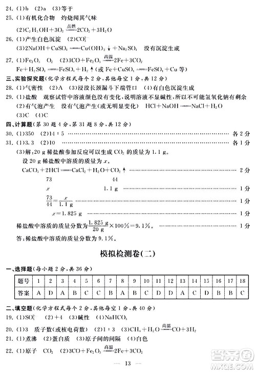 山东科学技术出版社2020单元检测卷化学九年级上下册人教版答案