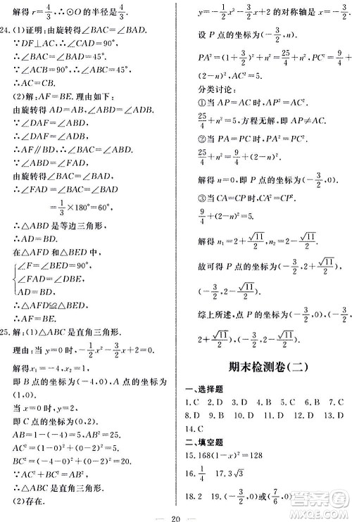 山东科学技术出版社2020单元检测卷数学九年级上下册人教版答案