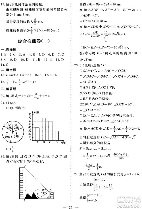 山东科学技术出版社2020单元检测卷数学九年级上下册人教版答案