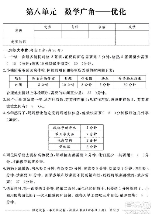 江西高校出版社2020阳光试卷单元测试卷数学四年级上册人教版答案