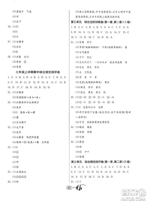 江苏人民出版社2020名牌牛皮卷提优名卷七年级生物上册RMJY版答案