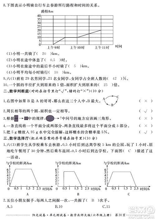 江西高校出版社2020阳光试卷单元测试卷数学六年级上册北师大版答案 江西高校出版社2020阳光试卷单元测试卷数学六年级上册北师大版答案