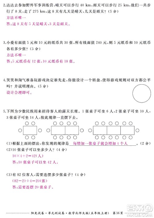 江西高校出版社2020阳光试卷单元测试卷数学五年级上册北师大版答案