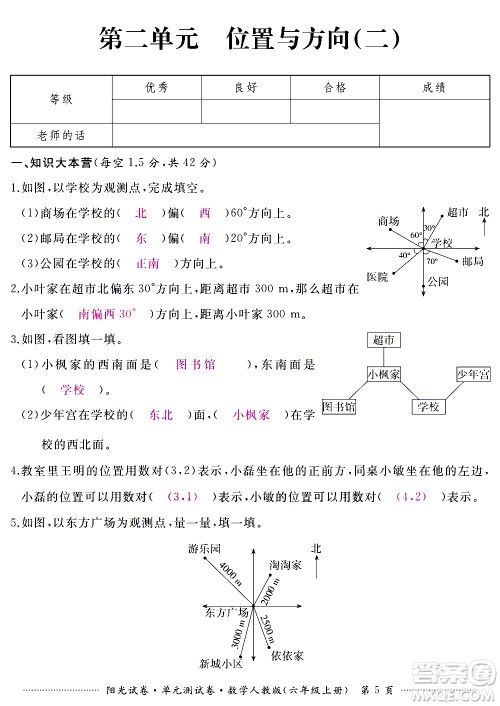 江西高校出版社2020阳光试卷单元测试卷数学六年级上册人教版答案 江西高校出版社2020阳光试卷单元测试卷数学六年级上册人教版答案