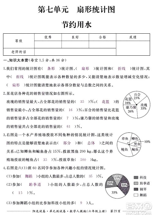 江西高校出版社2020阳光试卷单元测试卷数学六年级上册人教版答案