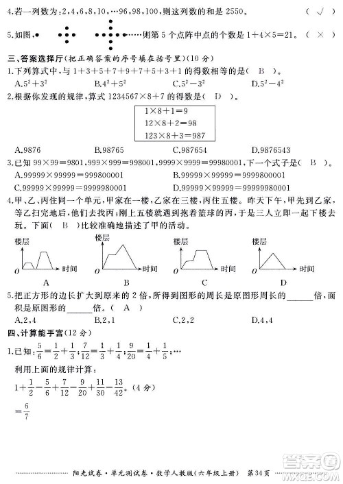 江西高校出版社2020阳光试卷单元测试卷数学六年级上册人教版答案 江西高校出版社2020阳光试卷单元测试卷数学六年级上册人教版答案