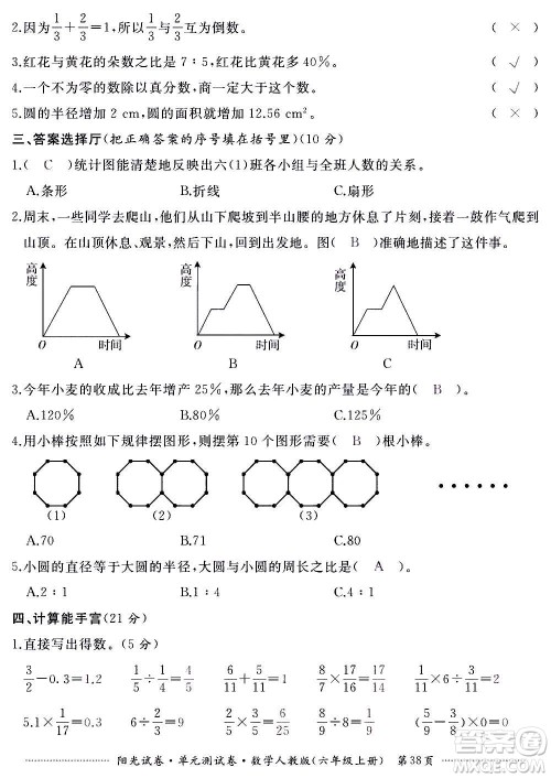 江西高校出版社2020阳光试卷单元测试卷数学六年级上册人教版答案 江西高校出版社2020阳光试卷单元测试卷数学六年级上册人教版答案