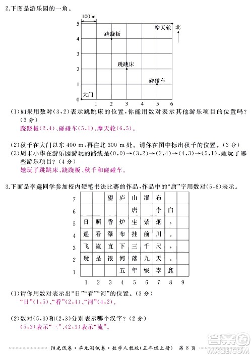 江西高校出版社2020阳光试卷单元测试卷数学五年级上册人教版答案 江西高校出版社2020阳光试卷单元测试卷数学五年级上册人教版答案