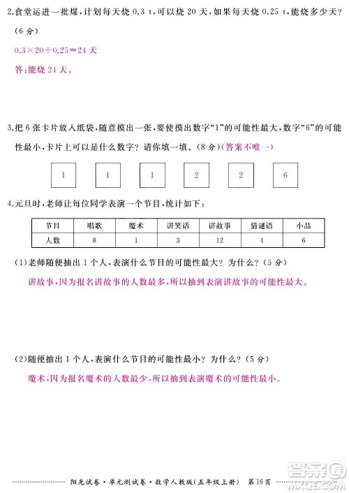 江西高校出版社2020阳光试卷单元测试卷数学五年级上册人教版答案 江西高校出版社2020阳光试卷单元测试卷数学五年级上册人教版答案