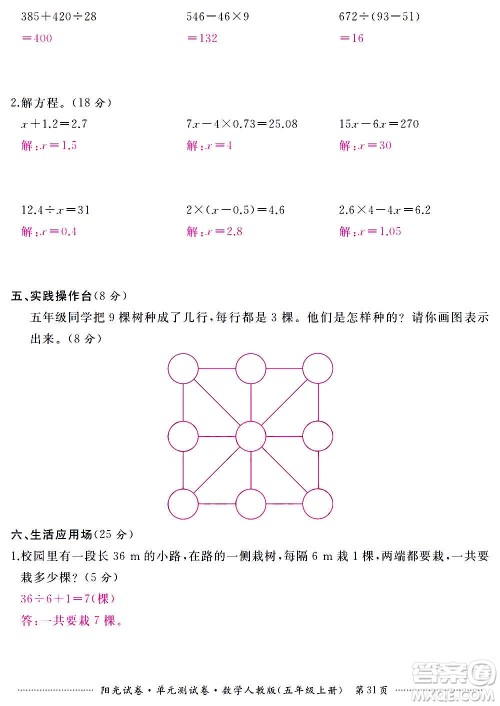 江西高校出版社2020阳光试卷单元测试卷数学五年级上册人教版答案 江西高校出版社2020阳光试卷单元测试卷数学五年级上册人教版答案