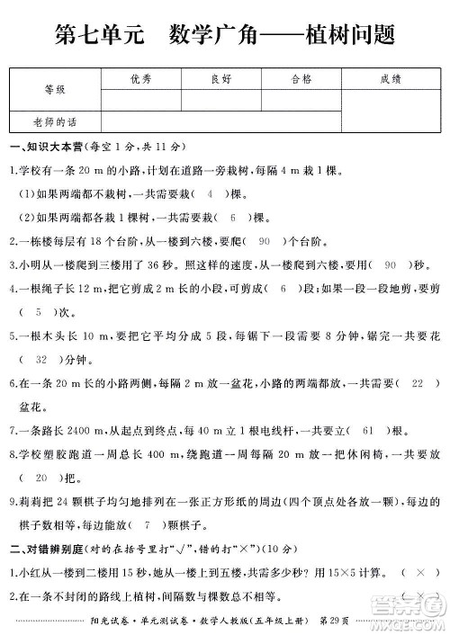 江西高校出版社2020阳光试卷单元测试卷数学五年级上册人教版答案 江西高校出版社2020阳光试卷单元测试卷数学五年级上册人教版答案
