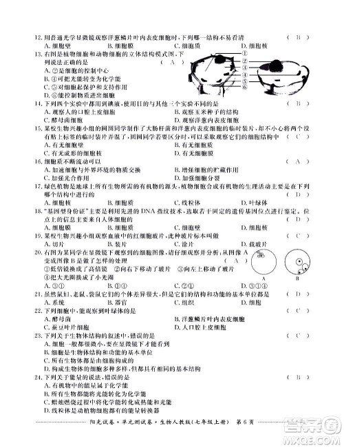 江西高校出版社2020阳光试卷单元测试卷生物七年级上册人教版答案