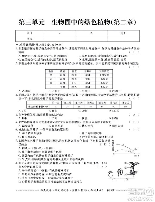 江西高校出版社2020阳光试卷单元测试卷生物七年级上册人教版答案